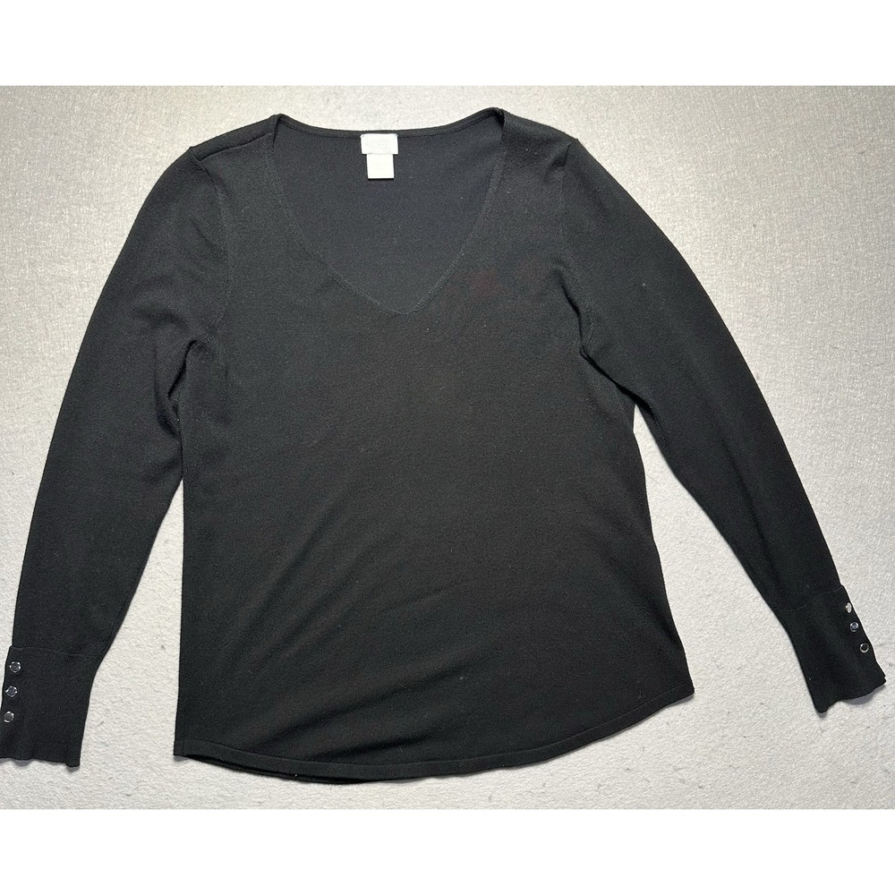 Chico's Black V-Neck Long Sleeve Knit Top Button Cuff Size 0